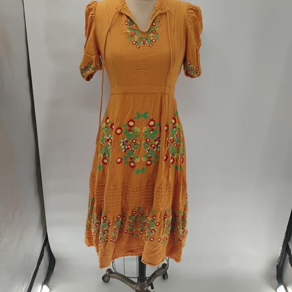 Ollari maxi Dress Yellow/Orange linen from Anthropologie Mexican pattern boho - Picture 3 of 15